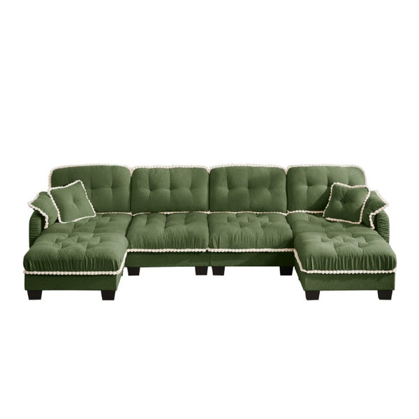 English Elm Chenille Cloud Sectional with Quilted Tufting Pom-Pom Accents and Versatile Ottoman Green W714S01913