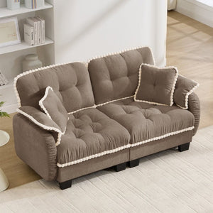 English Elm Chenille Cloud Loveseat with Pom Trim Quilted Tufted Cushions and Ottoman for Compact Living Brown W714S01914