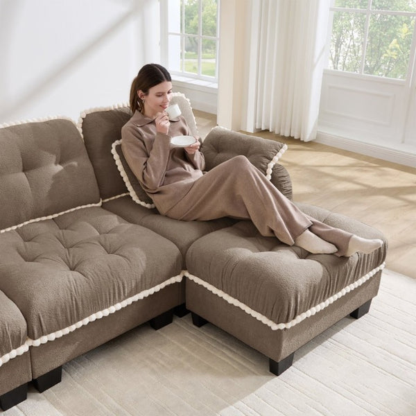 English Elm Chenille Cloud Loveseat with Pom Trim Quilted Tufted Cushions and Ottoman for Compact Living Brown W714S01914