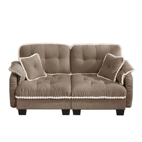 English Elm Chenille Cloud Loveseat with Pom Trim Quilted Tufted Cushions and Ottoman for Compact Living Brown W714S01914