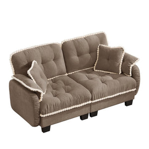 English Elm Chenille Cloud Loveseat with Pom Trim Quilted Tufted Cushions and Ottoman for Compact Living Brown W714S01914