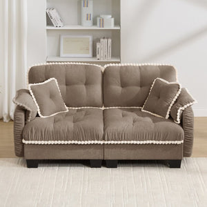 English Elm Chenille Cloud Loveseat with Pom Trim Quilted Tufted Cushions and Ottoman for Compact Living Brown W714S01914