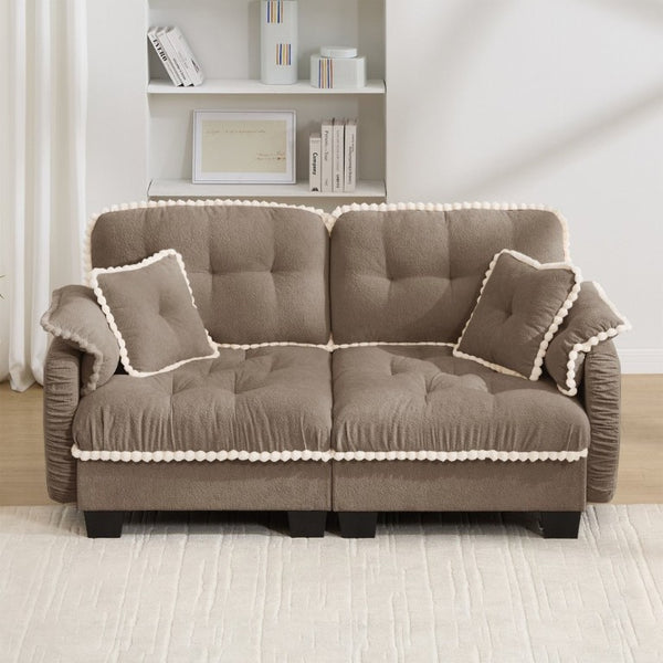 English Elm Chenille Cloud Loveseat with Pom Trim Quilted Tufted Cushions and Ottoman for Compact Living Brown W714S01914