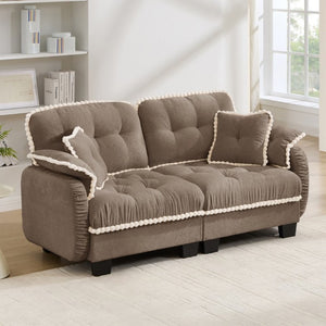 English Elm Chenille Cloud Loveseat with Pom Trim Quilted Tufted Cushions and Ottoman for Compact Living Brown W714S01914