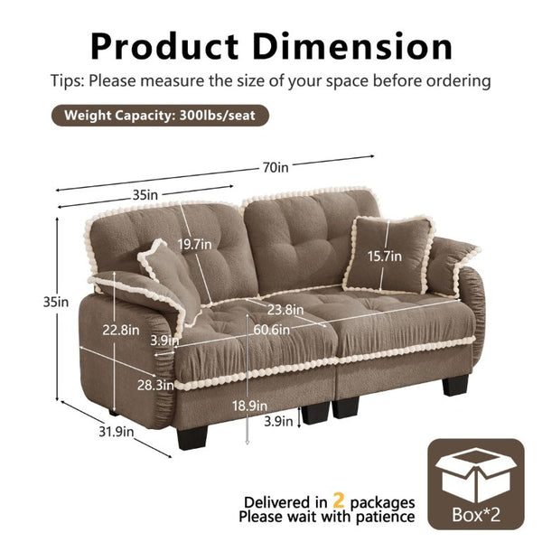 English Elm Chenille Cloud Loveseat with Pom Trim Quilted Tufted Cushions and Ottoman for Compact Living Brown W714S01914