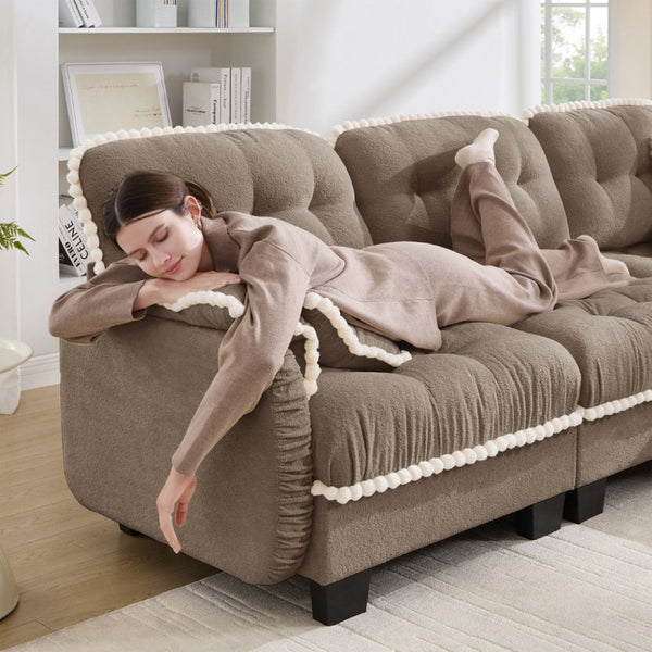 English Elm Chenille Cloud Loveseat with Pom Trim Quilted Tufted Cushions and Ottoman for Compact Living Brown W714S01914