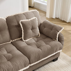 English Elm Chenille Cloud Loveseat with Pom Trim Quilted Tufted Cushions and Ottoman for Compact Living Brown W714S01914