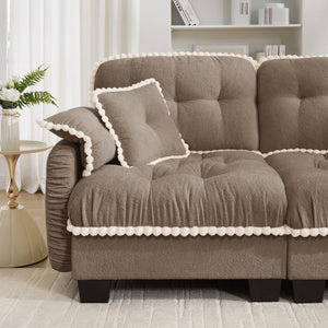 English Elm Chenille Cloud Loveseat with Pom Trim Quilted Tufted Cushions and Ottoman for Compact Living Brown W714S01914
