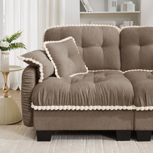 English Elm Chenille Cloud Loveseat with Pom Trim Quilted Tufted Cushions and Ottoman for Compact Living Brown W714S01914