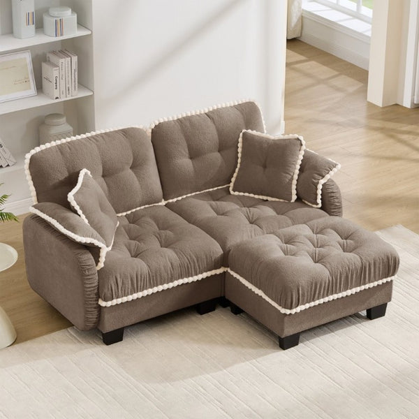 English Elm Chenille Cloud Loveseat Sectional with Tufted Cushions Pom Trim and Movable Ottoman Brown W714S01915