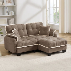 English Elm Chenille Cloud Loveseat Sectional with Tufted Cushions Pom Trim and Movable Ottoman Brown W714S01915
