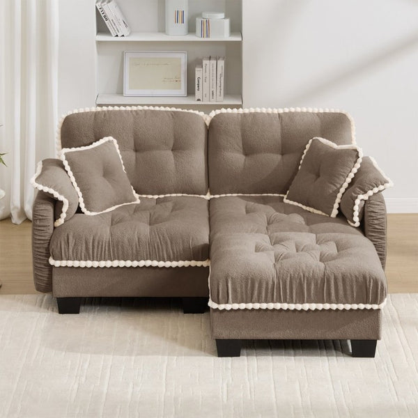 English Elm Chenille Cloud Loveseat Sectional with Tufted Cushions Pom Trim and Movable Ottoman Brown W714S01915