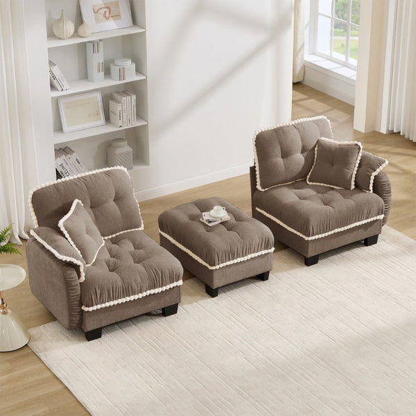 English Elm Chenille Cloud Loveseat Sectional with Tufted Cushions Pom Trim and Movable Ottoman Brown W714S01915