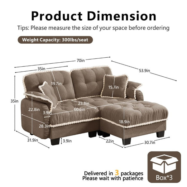 English Elm Chenille Cloud Loveseat Sectional with Tufted Cushions Pom Trim and Movable Ottoman Brown W714S01915