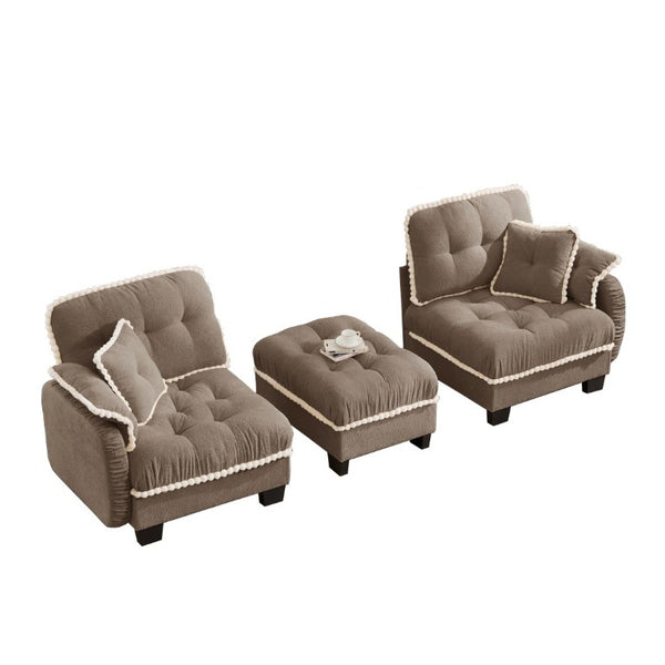 English Elm Chenille Cloud Loveseat Sectional with Tufted Cushions Pom Trim and Movable Ottoman Brown W714S01915