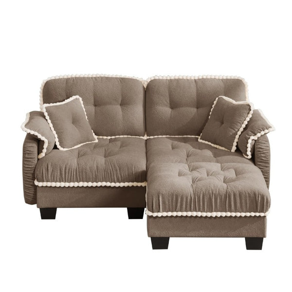 English Elm Chenille Cloud Loveseat Sectional with Tufted Cushions Pom Trim and Movable Ottoman Brown W714S01915