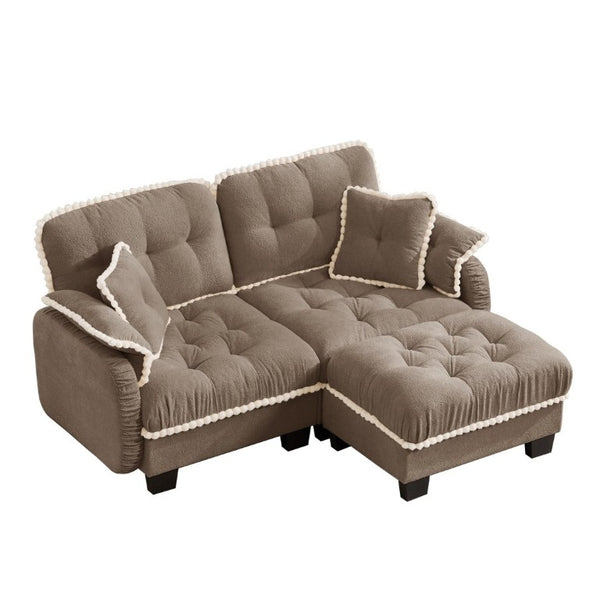 English Elm Chenille Cloud Loveseat Sectional with Tufted Cushions Pom Trim and Movable Ottoman Brown W714S01915