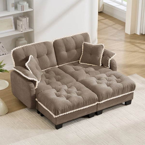 English Elm Chenille Cloud Loveseat with Tufted Cushions Pom-Pom Trim and Movable Ottoman Brown W714S01916