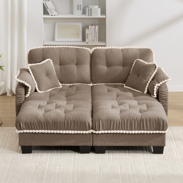English Elm Chenille Cloud Loveseat with Tufted Cushions Pom-Pom Trim and Movable Ottoman Brown W714S01916