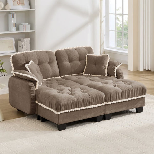 English Elm Chenille Cloud Loveseat with Tufted Cushions Pom-Pom Trim and Movable Ottoman Brown W714S01916