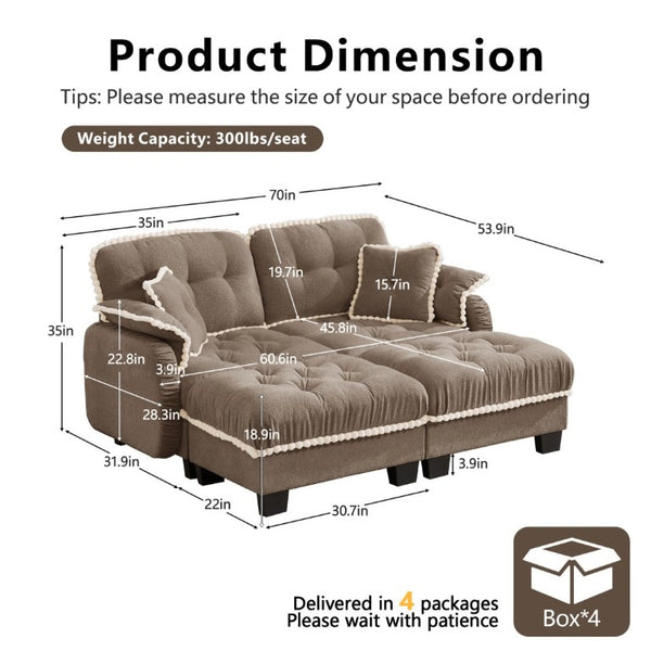English Elm Chenille Cloud Loveseat with Tufted Cushions Pom-Pom Trim and Movable Ottoman Brown W714S01916