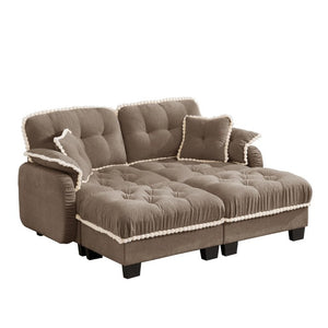 English Elm Chenille Cloud Loveseat with Tufted Cushions Pom-Pom Trim and Movable Ottoman Brown W714S01916