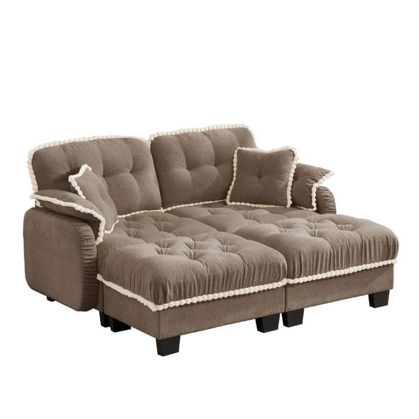 English Elm Chenille Cloud Loveseat with Tufted Cushions Pom-Pom Trim and Movable Ottoman Brown W714S01916