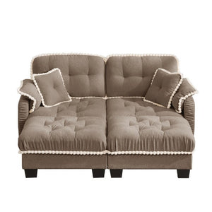 English Elm Chenille Cloud Loveseat with Tufted Cushions Pom-Pom Trim and Movable Ottoman Brown W714S01916
