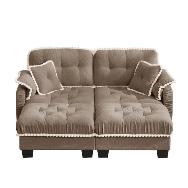 English Elm Chenille Cloud Loveseat with Tufted Cushions Pom-Pom Trim and Movable Ottoman Brown W714S01916