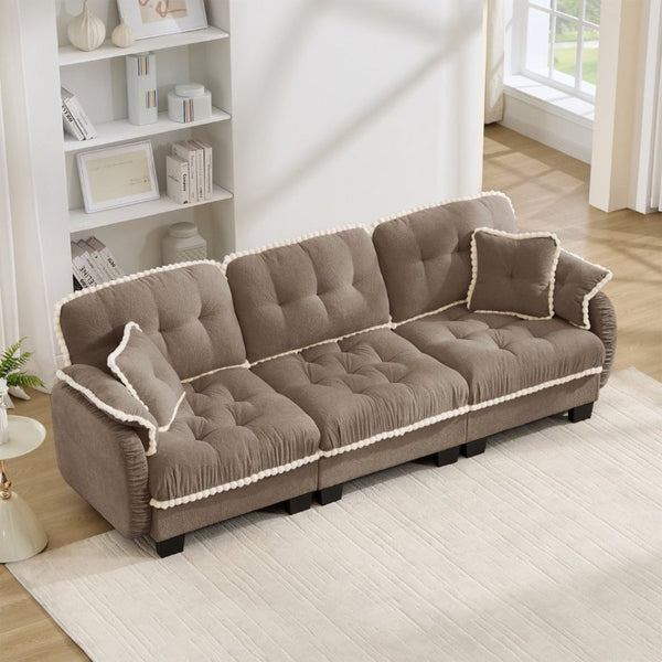 English Elm Chenille Cloud Sofa Three Seat Tufted Cushions Pom Trim Ergonomic Living Room Couch Brown W714S01917
