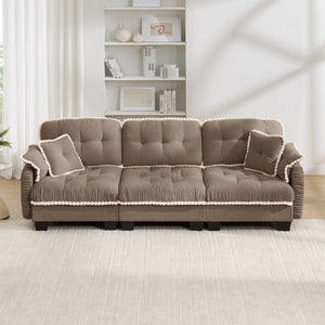 English Elm Chenille Cloud Sofa Three Seat Tufted Cushions Pom Trim Ergonomic Living Room Couch Brown W714S01917