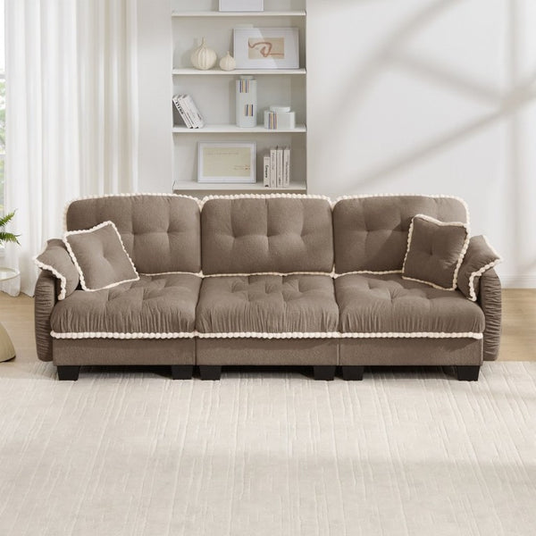 English Elm Chenille Cloud Sofa Three Seat Tufted Cushions Pom Trim Ergonomic Living Room Couch Brown W714S01917