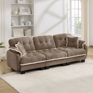 English Elm Chenille Cloud Sofa Three Seat Tufted Cushions Pom Trim Ergonomic Living Room Couch Brown W714S01917