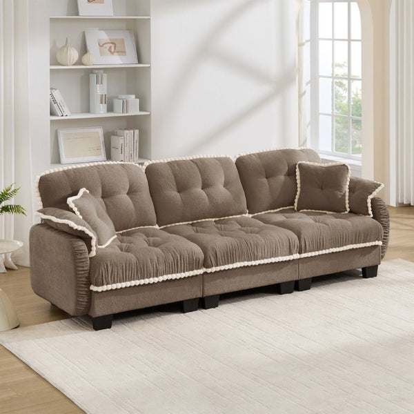 English Elm Chenille Cloud Sofa Three Seat Tufted Cushions Pom Trim Ergonomic Living Room Couch Brown W714S01917