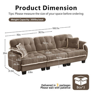 English Elm Chenille Cloud Sofa Three Seat Tufted Cushions Pom Trim Ergonomic Living Room Couch Brown W714S01917