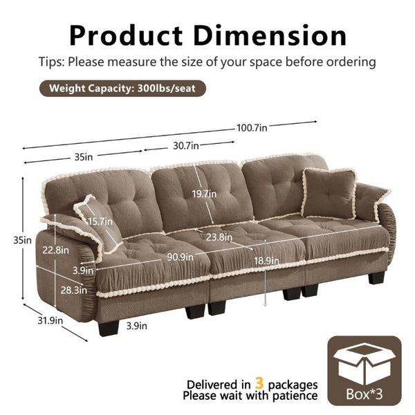 English Elm Chenille Cloud Sofa Three Seat Tufted Cushions Pom Trim Ergonomic Living Room Couch Brown W714S01917