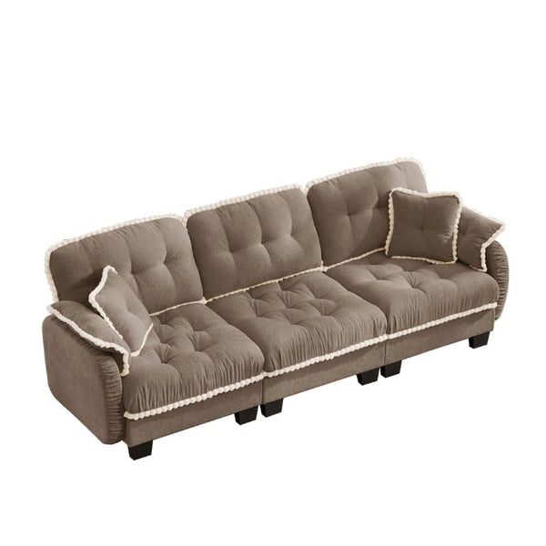 English Elm Chenille Cloud Sofa Three Seat Tufted Cushions Pom Trim Ergonomic Living Room Couch Brown W714S01917