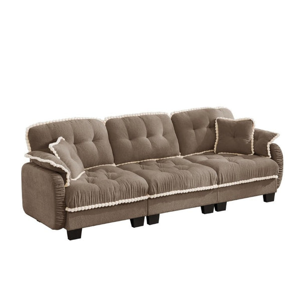 English Elm Chenille Cloud Sofa Three Seat Tufted Cushions Pom Trim Ergonomic Living Room Couch Brown W714S01917
