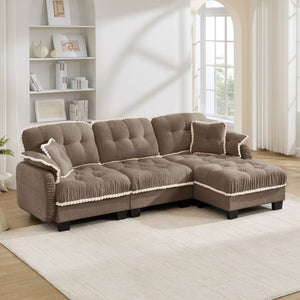 English Elm Chenille Cloud Sectional Sofa with Quilted Tufted Cushions and Movable Ottoman Lounge Seat Brown W714S01918