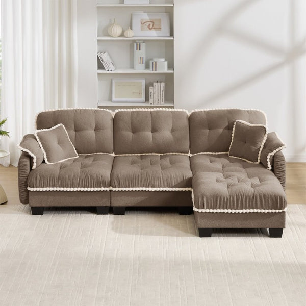 English Elm Chenille Cloud Sectional Sofa with Quilted Tufted Cushions and Movable Ottoman Lounge Seat Brown W714S01918