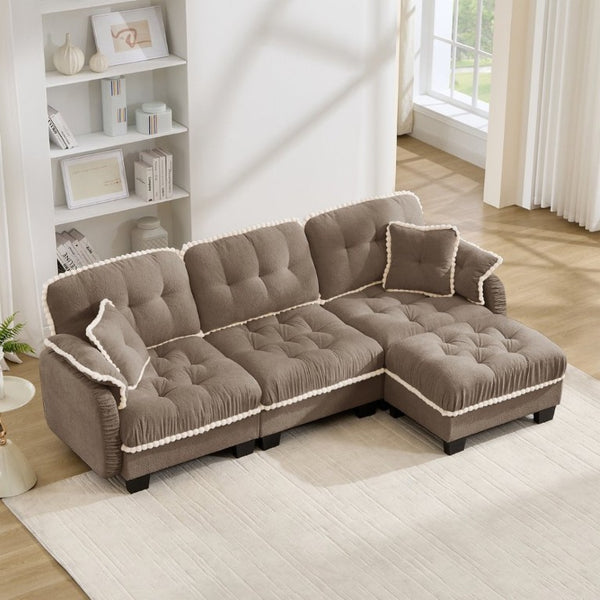 English Elm Chenille Cloud Sectional Sofa with Quilted Tufted Cushions and Movable Ottoman Lounge Seat Brown W714S01918