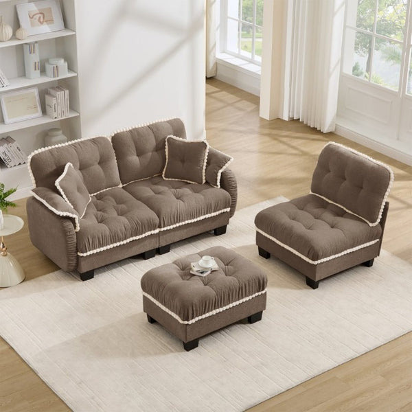 English Elm Chenille Cloud Sectional Sofa with Quilted Tufted Cushions and Movable Ottoman Lounge Seat Brown W714S01918