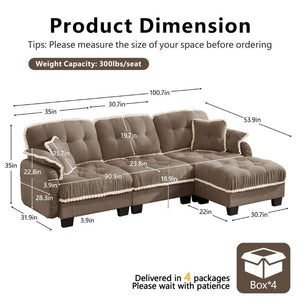 English Elm Chenille Cloud Sectional Sofa with Quilted Tufted Cushions and Movable Ottoman Lounge Seat Brown W714S01918