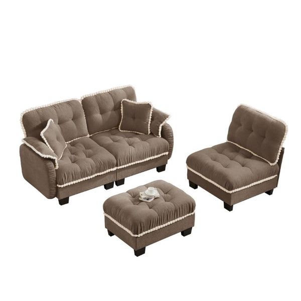 English Elm Chenille Cloud Sectional Sofa with Quilted Tufted Cushions and Movable Ottoman Lounge Seat Brown W714S01918