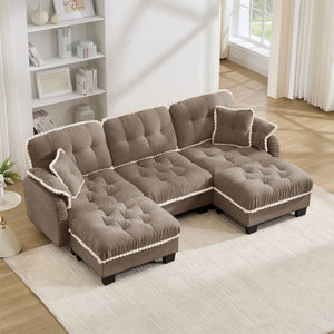 English Elm Chenille U-Shaped Sectional Sofa with Tufted Cushions Pom-Pom Trim and Movable Ottoman Brown W714S01919