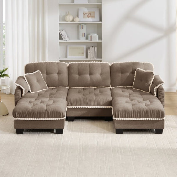 English Elm Chenille U-Shaped Sectional Sofa with Tufted Cushions Pom-Pom Trim and Movable Ottoman Brown W714S01919