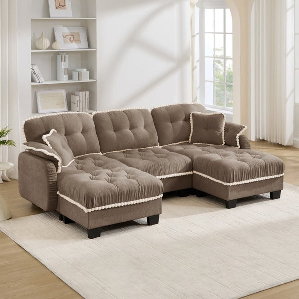 English Elm Chenille U-Shaped Sectional Sofa with Tufted Cushions Pom-Pom Trim and Movable Ottoman Brown W714S01919