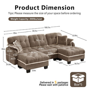 English Elm Chenille U-Shaped Sectional Sofa with Tufted Cushions Pom-Pom Trim and Movable Ottoman Brown W714S01919