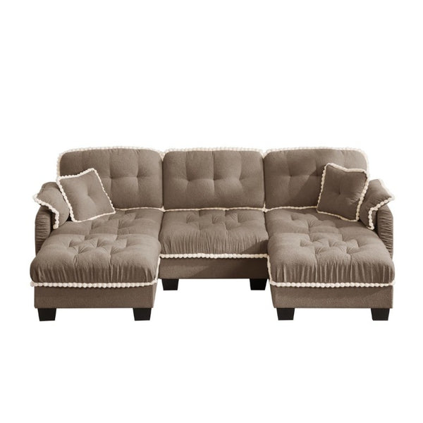 English Elm Chenille U-Shaped Sectional Sofa with Tufted Cushions Pom-Pom Trim and Movable Ottoman Brown W714S01919