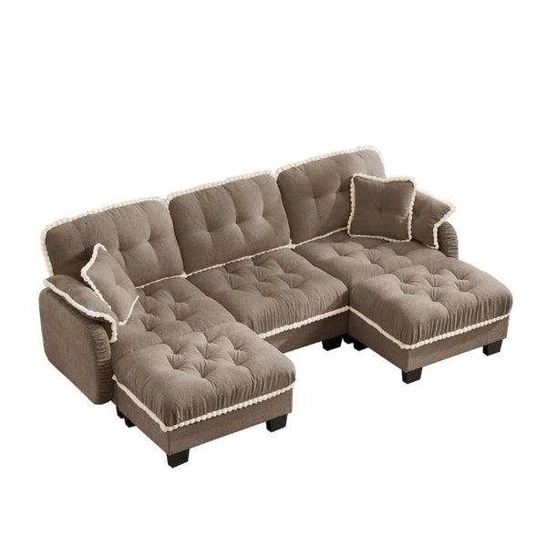 English Elm Chenille U-Shaped Sectional Sofa with Tufted Cushions Pom-Pom Trim and Movable Ottoman Brown W714S01919